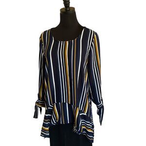 Potter's Pot Semi Sheer Navy Ruffle Blouse with wrist ties,  Size Large